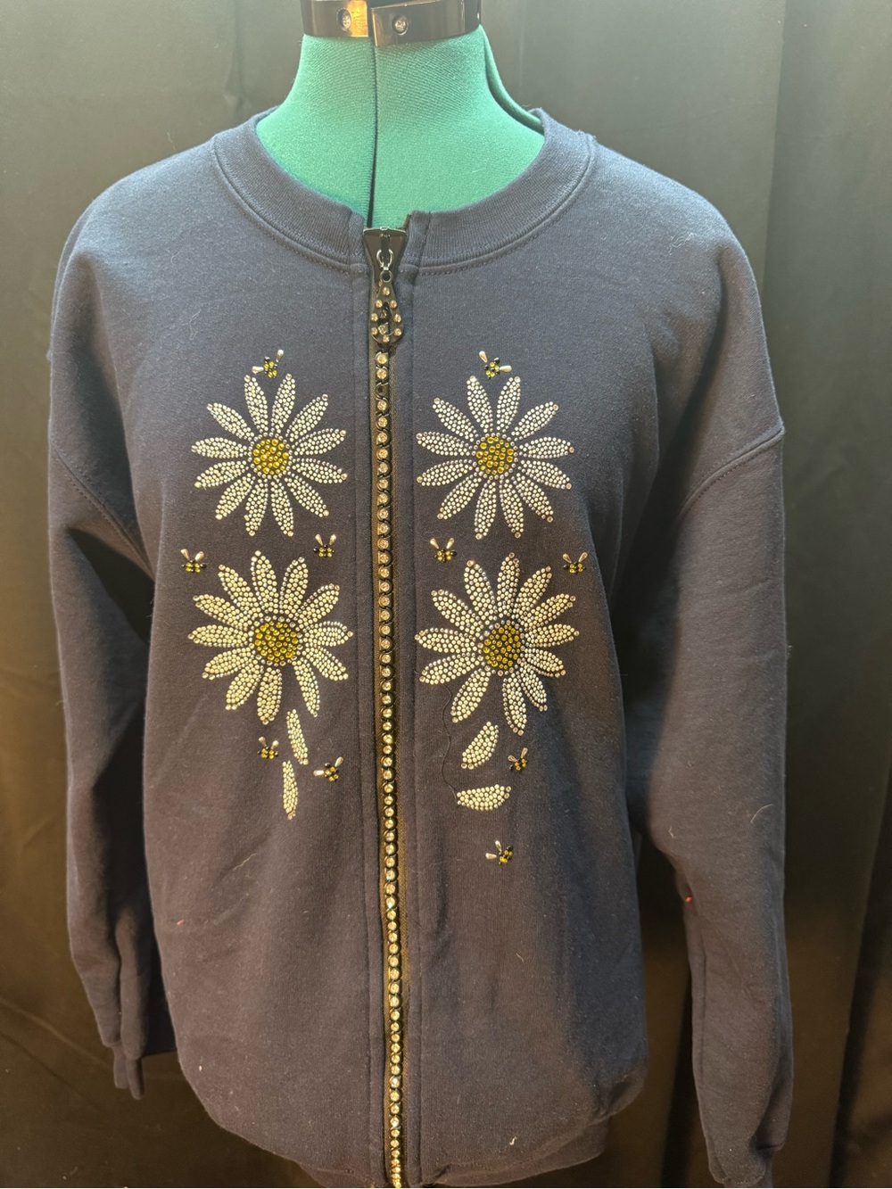 Gildan Navy Rhinestone Daisy Zip-Front Sweatshirt